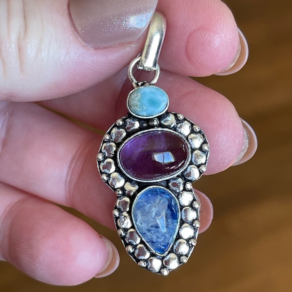 Earth Art hand crafted artisan Jewelry - Larimar, Rainbow Moonstone and Amethyst pendant